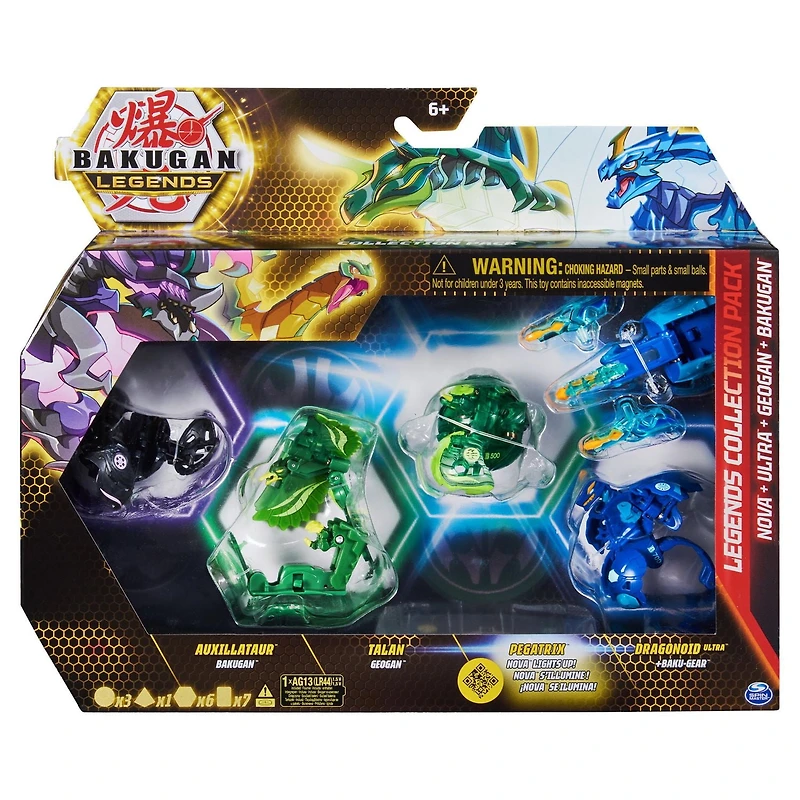 Bakugan Legends Collection Pack, 4-Pack featuring Auxillataur Bakugan, Talan Geogan, Pegatrix Nova, Dragonoid Ultra, and 6 BakuCores, Kids Toys for Ages 6 and Up