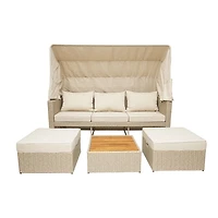 Deko Living 5 Place Seating Outdoor Wicker Patio Couch with Canopy and Ottoman Set with Table