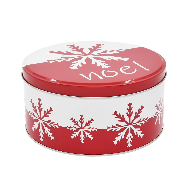 Boîte de rangement ronde en étain pour cadeaux de Noël, motif flocon de neige rouge, grande taille, 7,9 x 7,9 x 3,9 pouces, 1 pièce