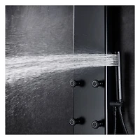 La colonne de douche ELIAS en aluminium d'akuaplus®  avec cartouche à pression balancée et déviateurs 3 voie a 6 jets de corps orientale plus, une douchette, et un pommeau douche.