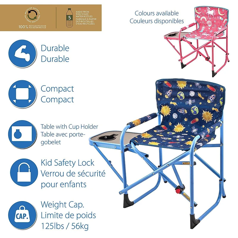 Ozark Trail Kids Director Chair with Side Table, 125lb Weight Capacity, Blue, Table For Food or Snacks with Cup Holder., Kids Director Chair