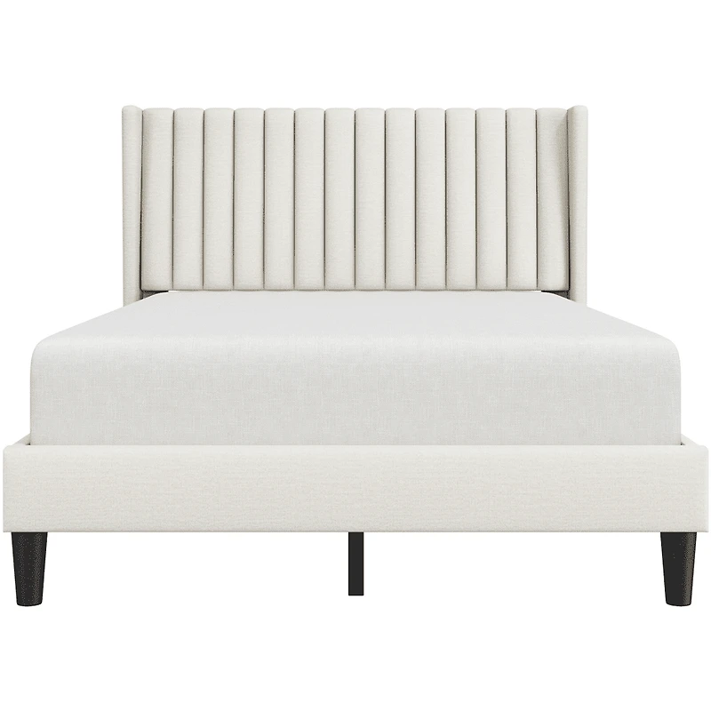 Fullfurnique Upholstered Bed Frame with Wing Side and Channel Headboard, King, Ivory