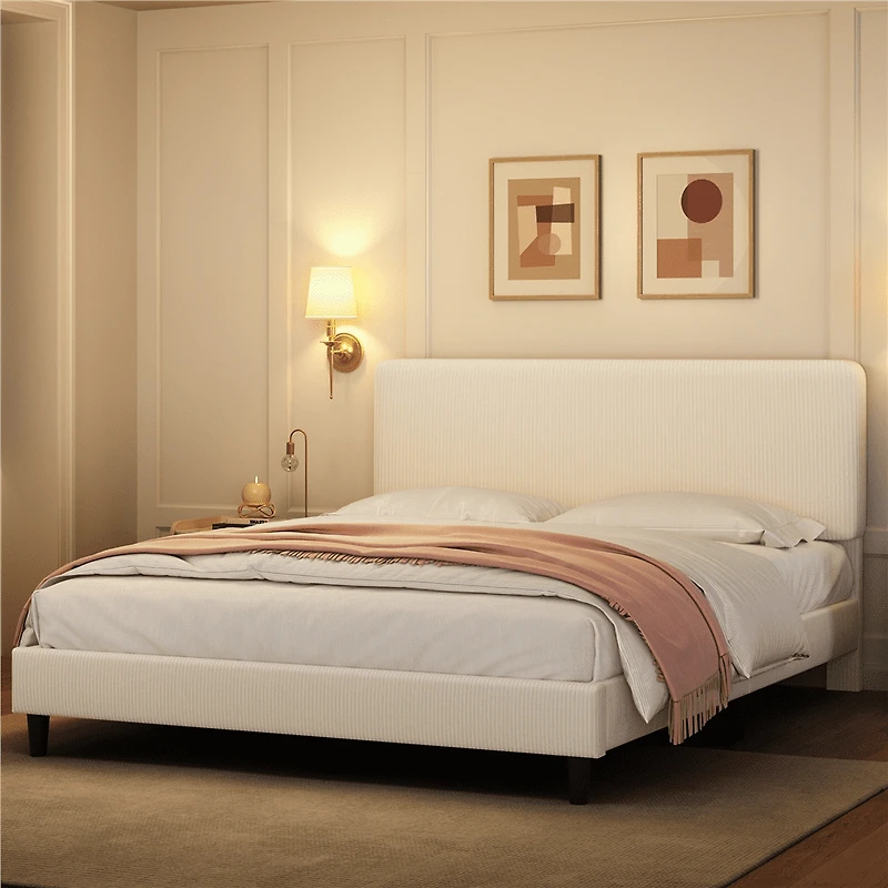 Fullfurnique Cadre de Lit Capitonné avec Tête de Lit Réglable et Lattes en Bois, Queen, Beige