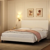 Fullfurnique Cadre de Lit Capitonné avec Tête de Lit Réglable et Lattes en Bois, Queen, Beige