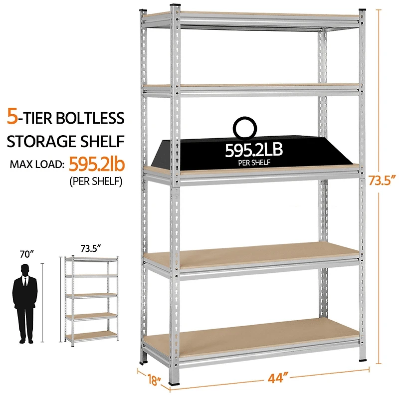 Fullfurnique 73.5″ Height 5 Tiers Adjustable Boltless Storage Shelf, Silver