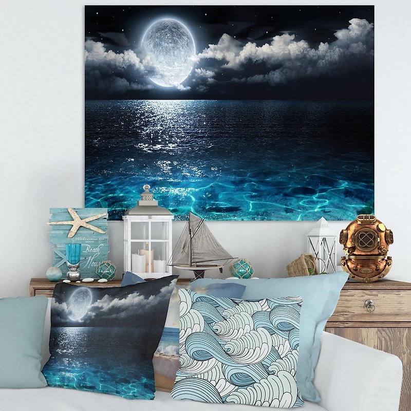 Designart Romantic Full Moon Over Sea Canvas Wall Art