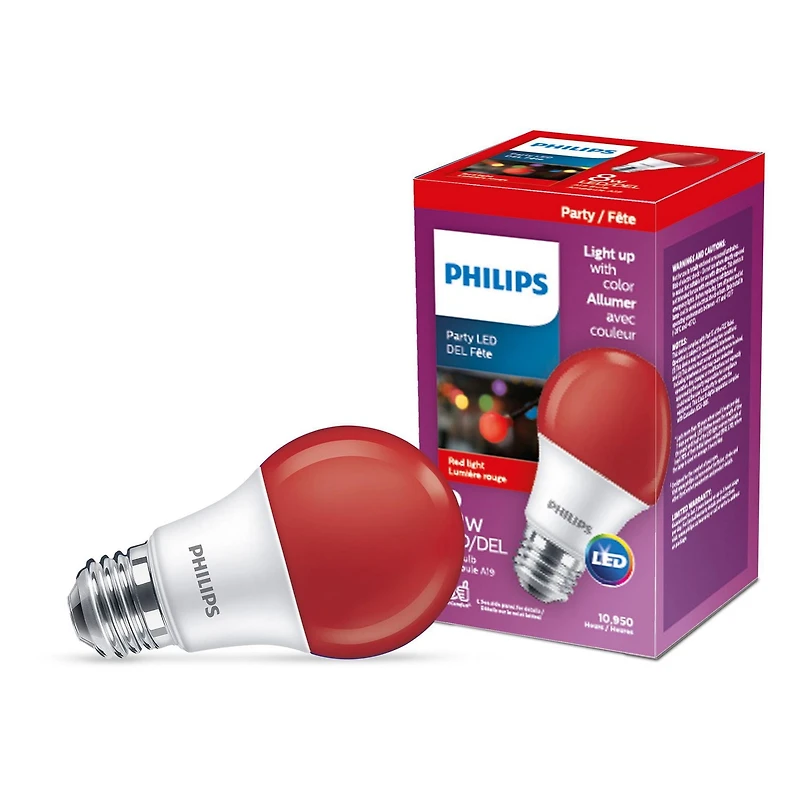 Philips ampoules LED 60W A19 E26 8W à filament A, rouge
