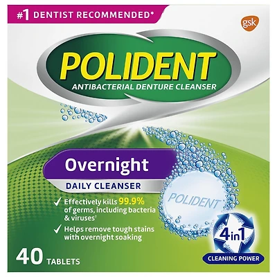 Polident Overnight Daily Denture Cleanser 40ct, 40 tabs Triple Mint Fresh