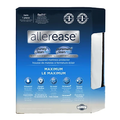AllerEase Maximum Housse de protection de matelas, taille simple (Twin), à fermeture éclair, imperméable, barrière anti-allergènes
