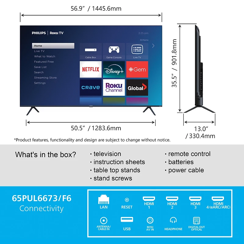 Téléviseur intelligent Roku LED UHD 4K Philips 65" 65PUL6673/F6 4K Ultra HD, 2160p, HDR10, 120PMR