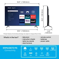 Téléviseur intelligent Roku LED UHD 4K Philips 65" 65PUL6673/F6 4K Ultra HD, 2160p, HDR10, 120PMR