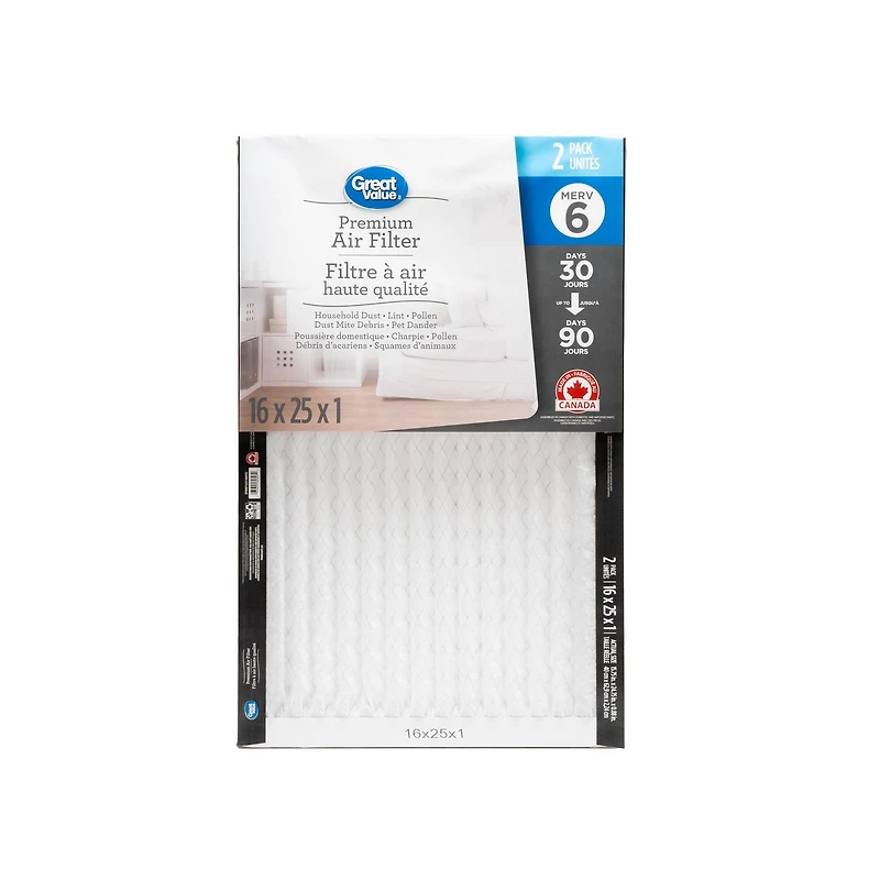 16x25x1 Merv 6 2PK, 16x25x1 Air Filter 2PK