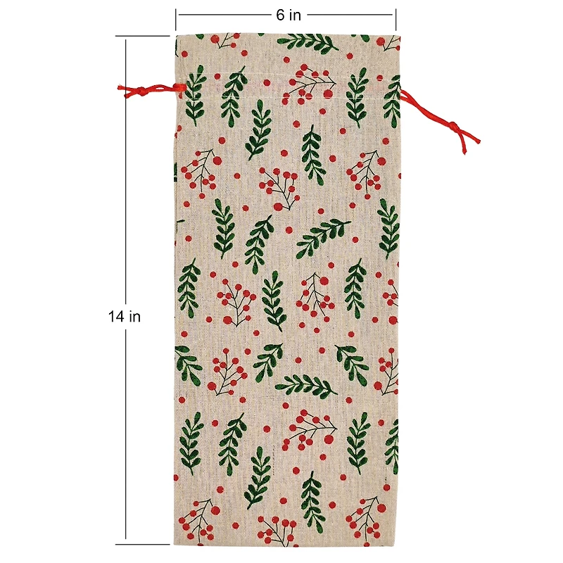 Holiday Time 3 Count Fabric Bags with Drawstring 6" by 14" for Xmas Package Storage