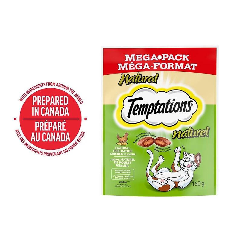 Gâteries pour chats Temptations Au naturel arôme naturel de poulet fermier, tendres à l'intérieur, croquantes à l'extérieur 160 g