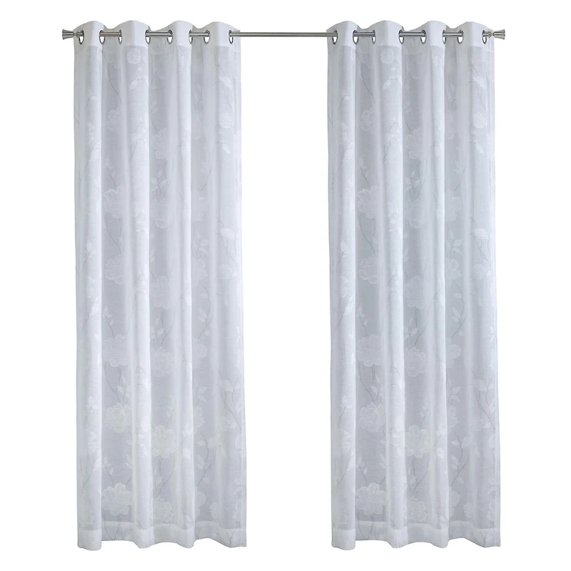 Loft Living Greeley, panneau de rideau à oeillets diaphane à motif de branches sur faux lin 52" x 95", blanc