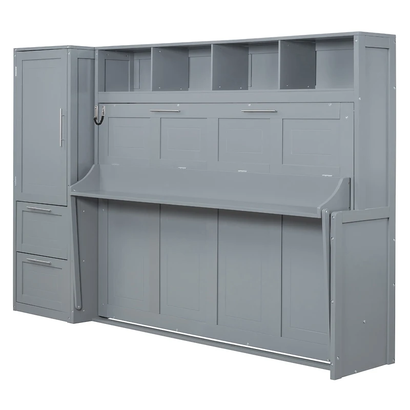 Noble House Full Size Murphy Bed Wall Bed with Closet and Drawers,Gray