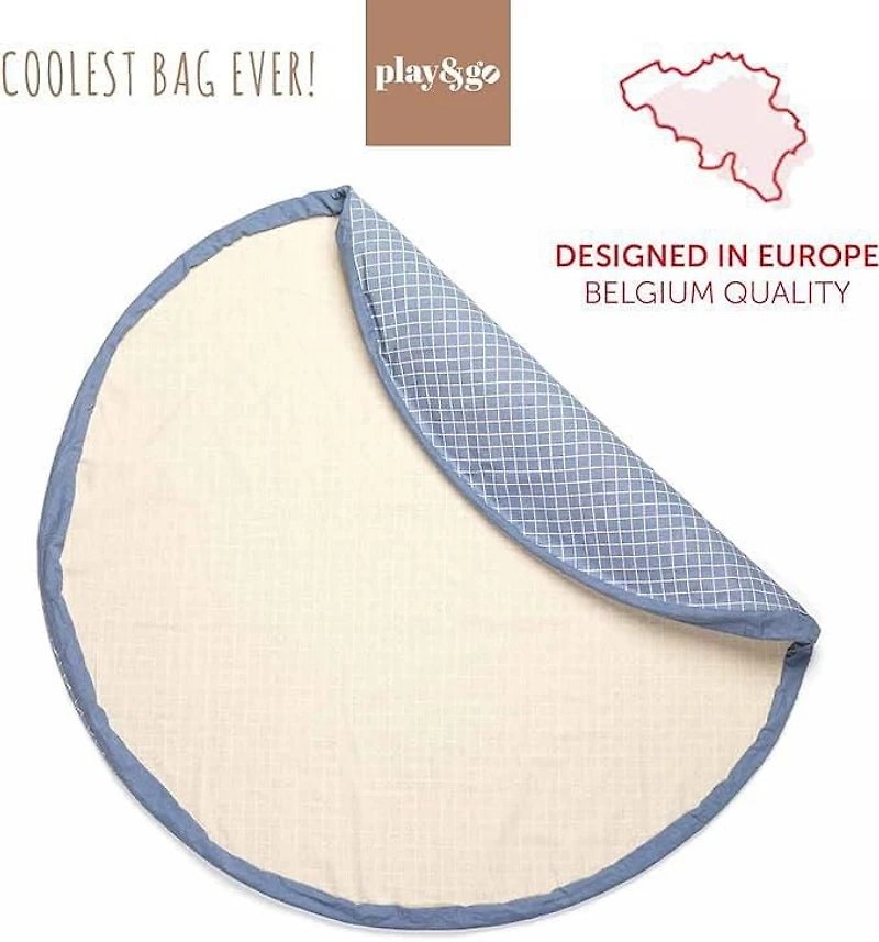 Play & Go - Motif Grille Bleue Intemporelle - Tapis de Jeu 3-en-1 - Sac de Rangement et Sac à Couches - Fabriqué en Coton Bio - Rangement Facile et Nettoyage Rapide - Diamètre 120 cm -Convient aux Nou