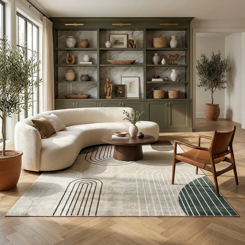 Tapis d'interieur moderne du milieu du siecle Rug Branch Eclipse, beige vert, abstrait - Salon, chambre, salle a manger et bureau