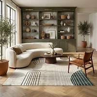 Tapis d'interieur moderne du milieu du siecle Rug Branch Eclipse, beige vert, abstrait - Salon, chambre, salle a manger et bureau