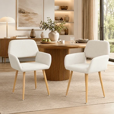 Homy Casa Set of 2 Beige Upholstered Dining Arm Chairs, Fabric Accent Chairs with Natural Wood Legs