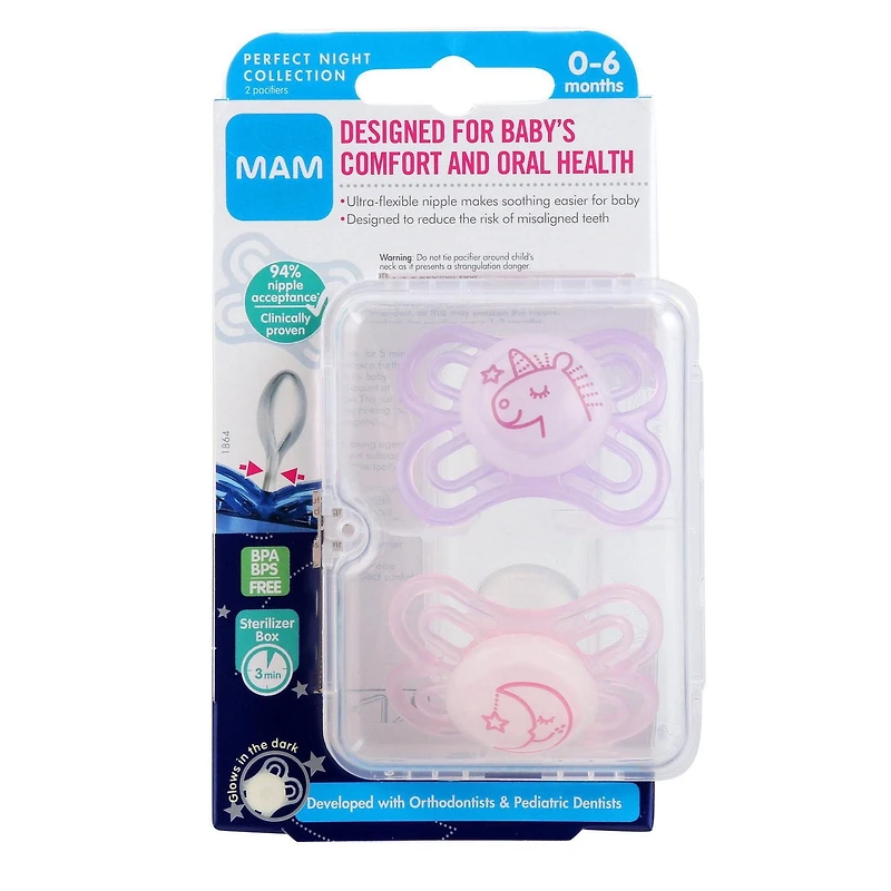 MAM Perfect Night Pacifiers, Glow in the Dark Pacifiers (2 pack) MAM Pacifiers 0-6 Months, Best Pacifier for Breastfed Babies, Baby Girl Pacifier