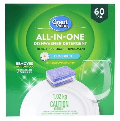 Great Value All-In-One Dishwasher Detergent, 60 Tabs / 1.02 kg