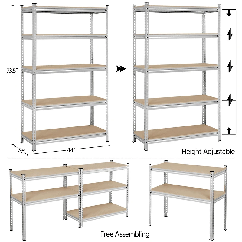 Fullfurnique 73.5″ Height 5 Tiers Adjustable Boltless Storage Shelf, Silver