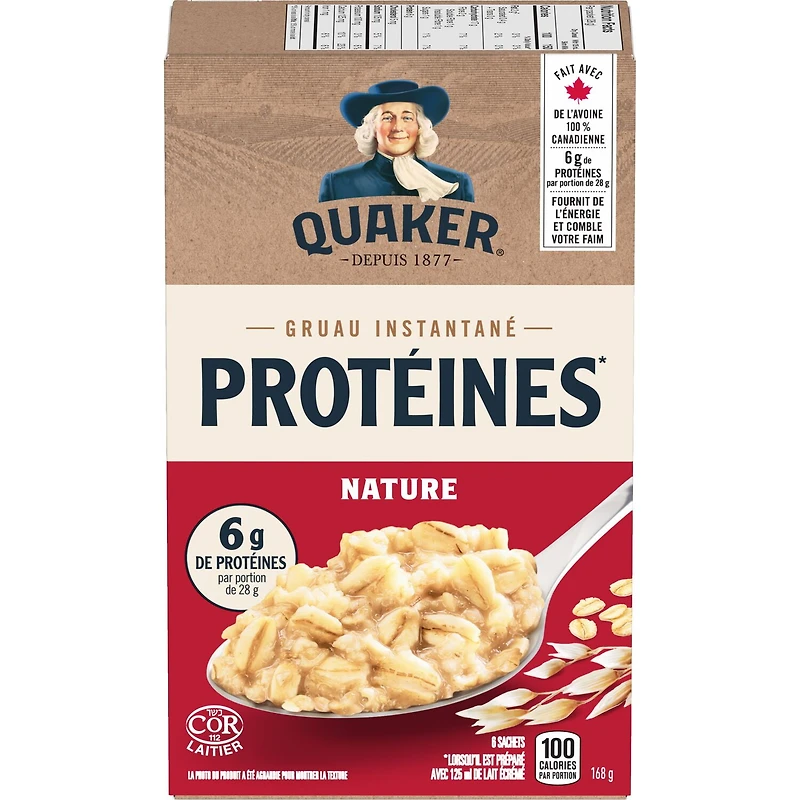 Quaker Protéines gruau instantané, Nature, 6 sachets. 168 g.