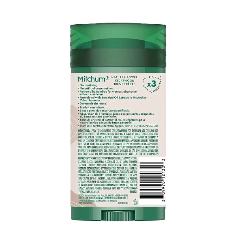 Mitchum Désodorisant Solide Natural Power hommes, Bois de cèdre, 76g