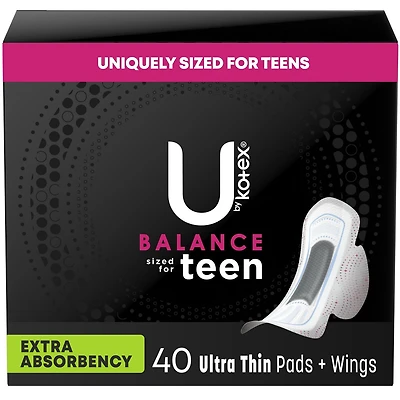 U by Kotex Balance Sized for Teens Ultra Thin Pads with Wings, Extra Absorbency, 40 Count, UBK PAD 40