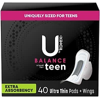 U by Kotex Balance Sized for Teens Ultra Thin Pads with Wings, Extra Absorbency, 40 Count, UBK PAD 40