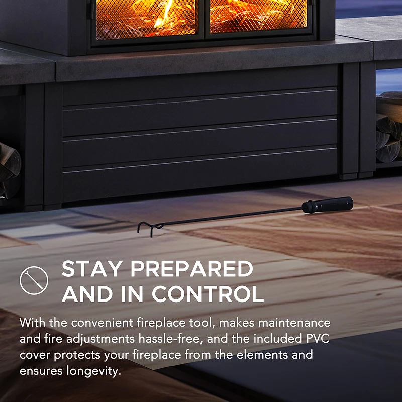 Sunjoy Outdoor Wood Burning Fireplace ,Steel Metal Fire Pit with Wood Storage and Chimney, Fireplace with Mesh Spark Screen Door & Fire Poker, for Patio Garden Deck Backyard