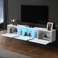 Meuble télé mural bas Noble House 64,9 pouces, éclairage DEL et 3 portes pour téléviseur 65 pouces, blanc