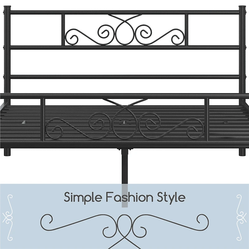 Fullfurnique Cadre de Lit Métallique avec Tête et Pied de Lit à Volutes, Queen, Noir