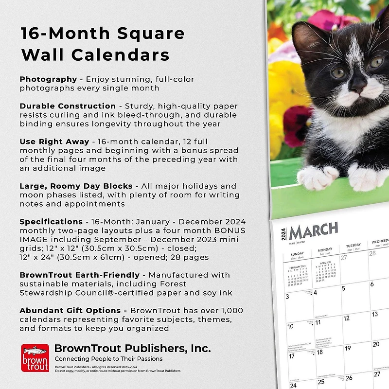 BrownTrout Tuxedo Cats 2024 12x24 Inch Square Wall Calendar, 9781975465476