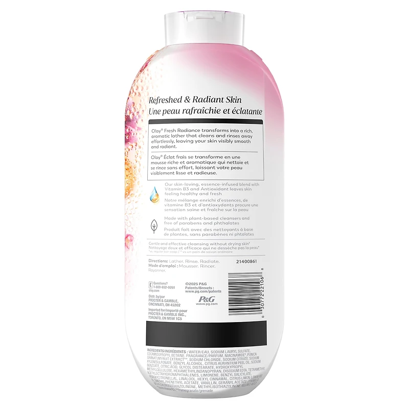 Olay Nettoyant pour le Corps Éclat Frais à l'Essence de Pêche et de Fleur de Cerisier, Vitamine B3 et Mélange d'Antioxydants