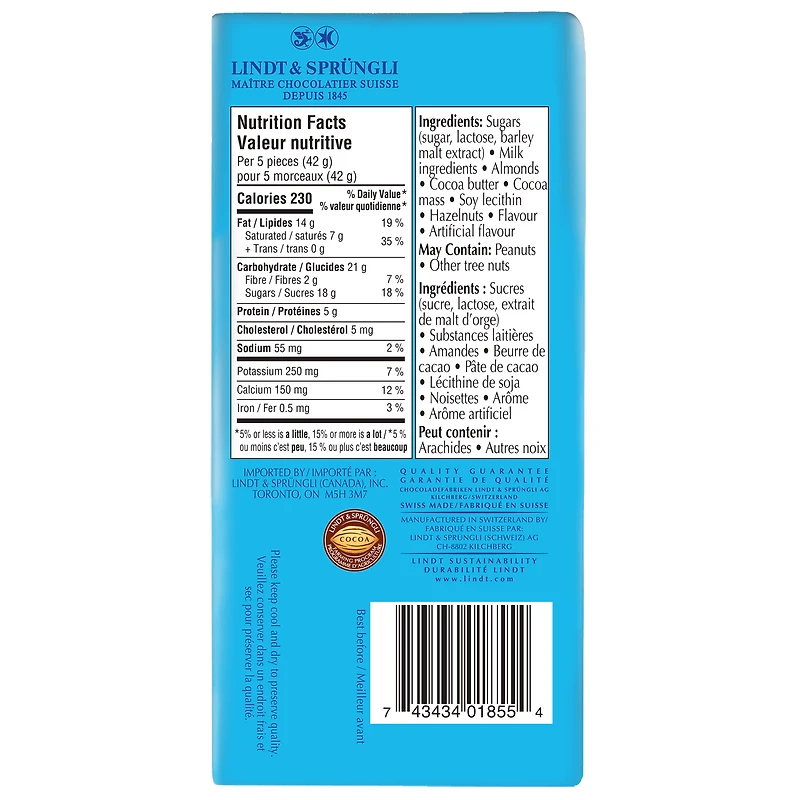 Tablette de chocolat au lait et au beurre d’amandes SWISS CLASSIC de Lindt, 100 g LINDT SWISS CLASSIC BEURRE AMANDE 100G
