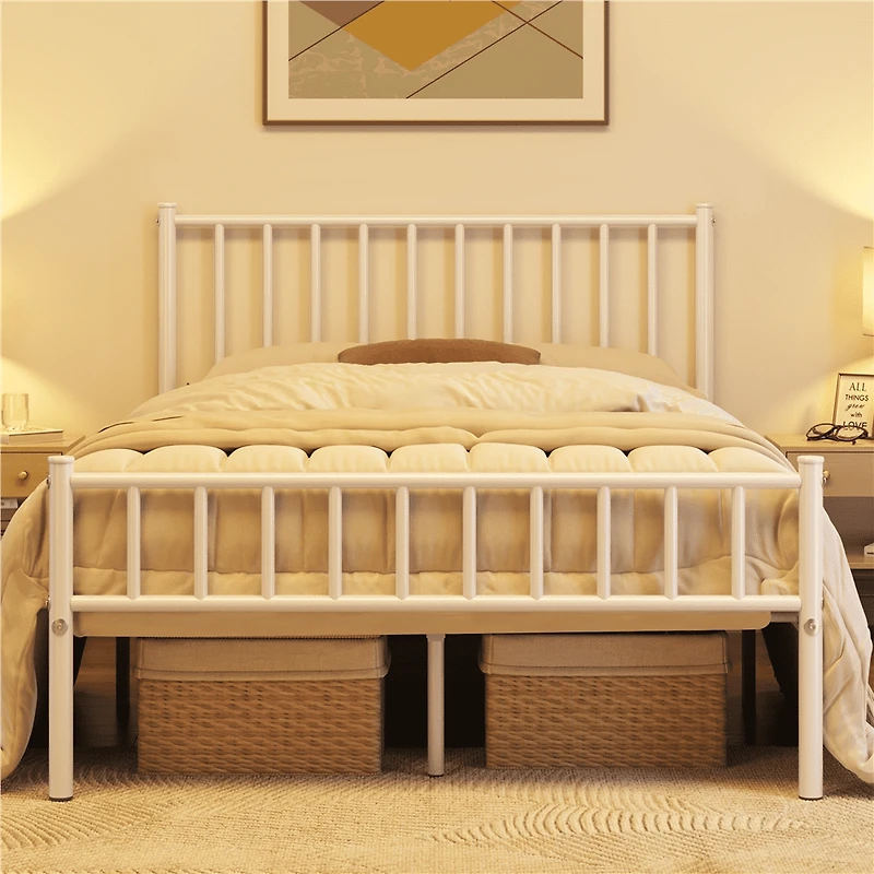 Fullfurnique Minimalist Metal Bed Frame with Vertical Bar Headboard and Footboard, Queen, White