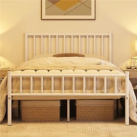 Fullfurnique Minimalist Metal Bed Frame with Vertical Bar Headboard and Footboard, Queen, White