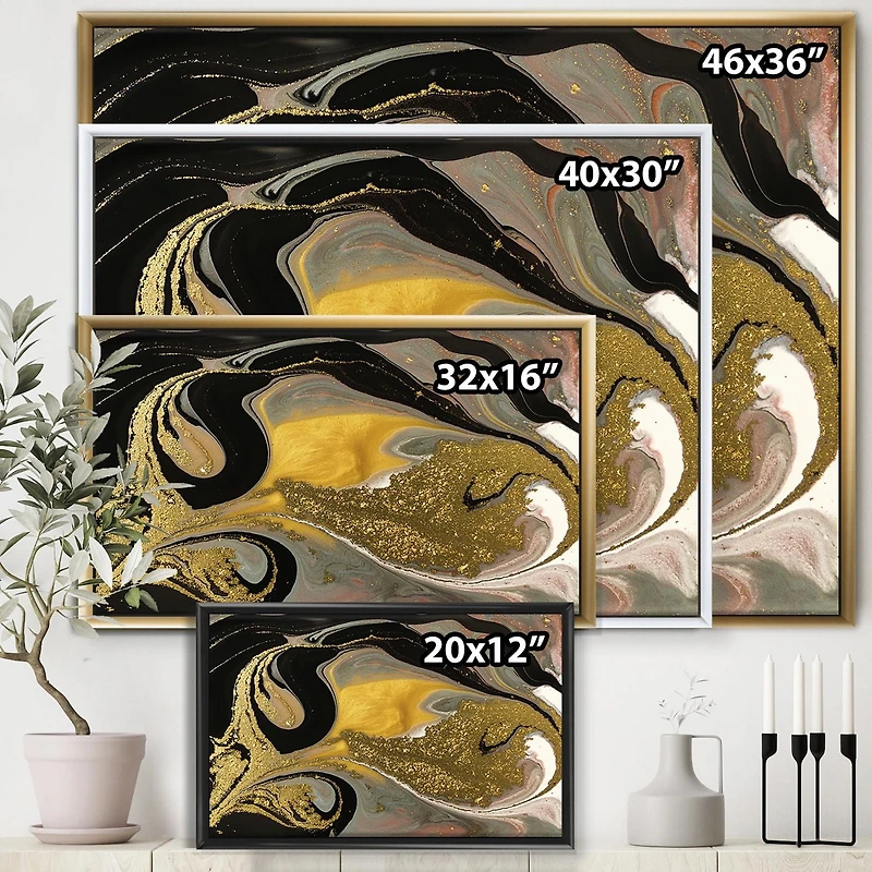 Designart Gold And Black Marbled Rippled Texture I FLOAT FRAME WALL ART