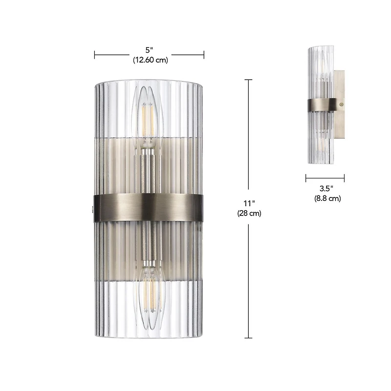 2-Light Matte Brass Wall Sconce with Ribbed Glass Shade