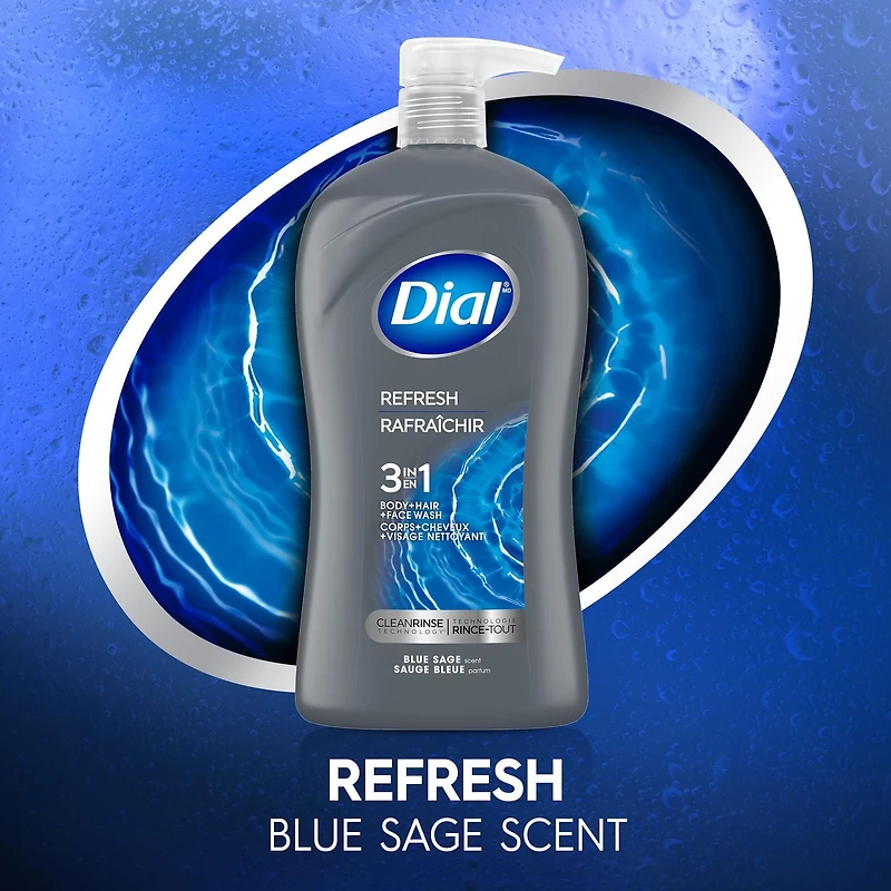 Dial Men 3in1, Body, Wash, Hair Wash, Face Wash, Blue Sage Scent, 473ml, Dermatologist Tested, Free from Silicones, Parabens, Phthalates, 1 bottle, 946mL