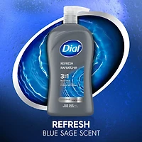Dial Men 3in1, Body, Wash, Hair Wash, Face Wash, Blue Sage Scent, 473ml, Dermatologist Tested, Free from Silicones, Parabens, Phthalates, 1 bottle, 946mL