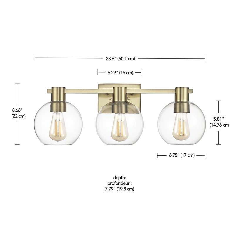 24" 3-Light Matte Brass Vanity Light with Clear Glass Shades<br>
