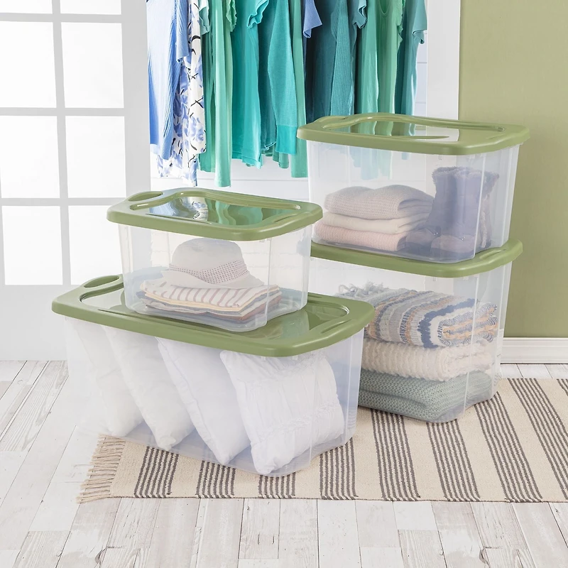 Sterilite 114 Liter EZ Carry, Extra Large Clear Plastic Storage Bin with Full-Grip Handles and Green Lid, 4 Pk