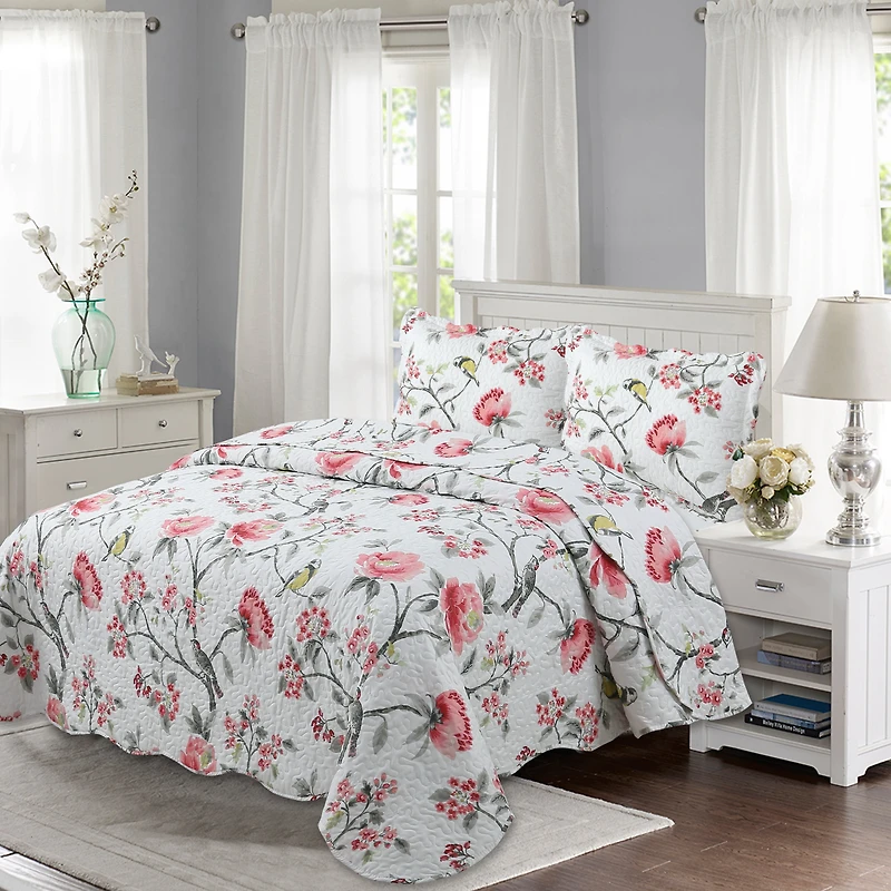 Marina Decoration Rich Printed Stitching Coverlet Bedspread Ultra Soft Summer Bedding Quilt Set with Quilted Sham, Pink Floral and Birds Pattern