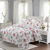 Marina Decoration Rich Printed Stitching Coverlet Bedspread Ultra Soft Summer Bedding Quilt Set with Quilted Sham, Pink Floral and Birds Pattern