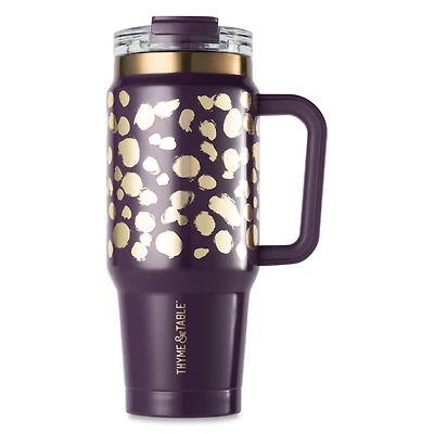 Thyme & Table 32oz Tumbler with Handle, Dual Straw Lid, Stainless Steel Double Wall Insulated, Purple Dot