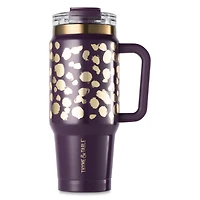 Thyme & Table 32oz Tumbler with Handle, Dual Straw Lid, Stainless Steel Double Wall Insulated, Purple Dot