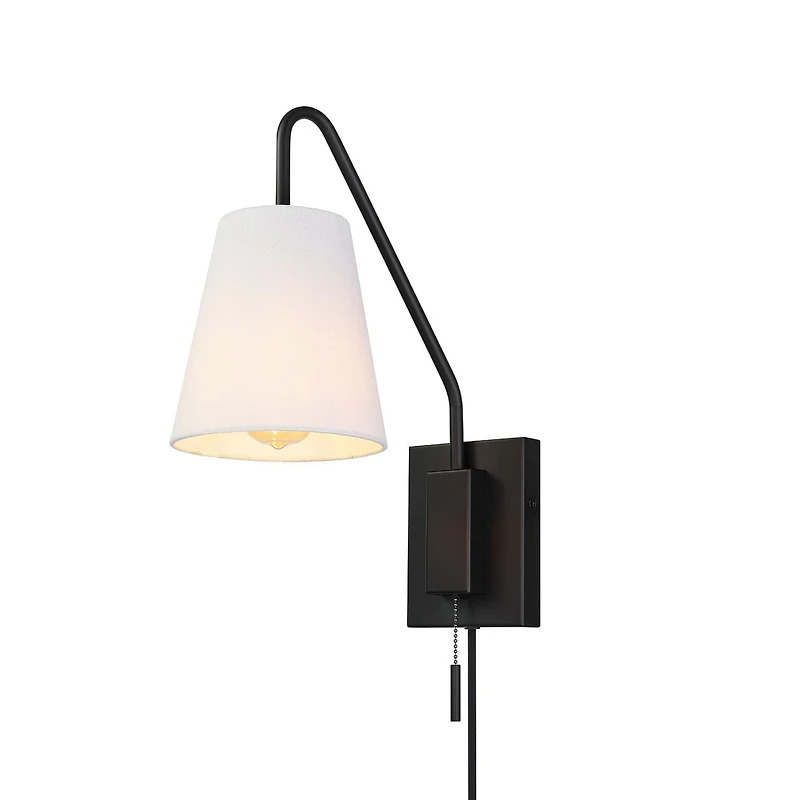 1-Light Matte Black Swing Arm Plug-In or Hardwire Wall Sconce with White Fabric Shade